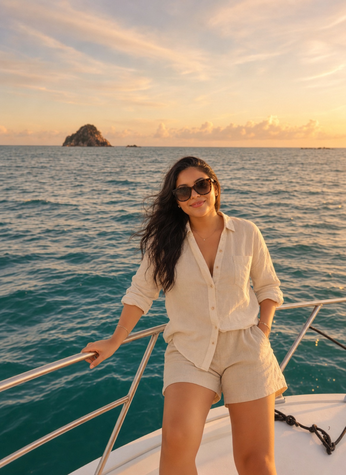 Latina Woman Enjoying Tropical Yacht Getaway