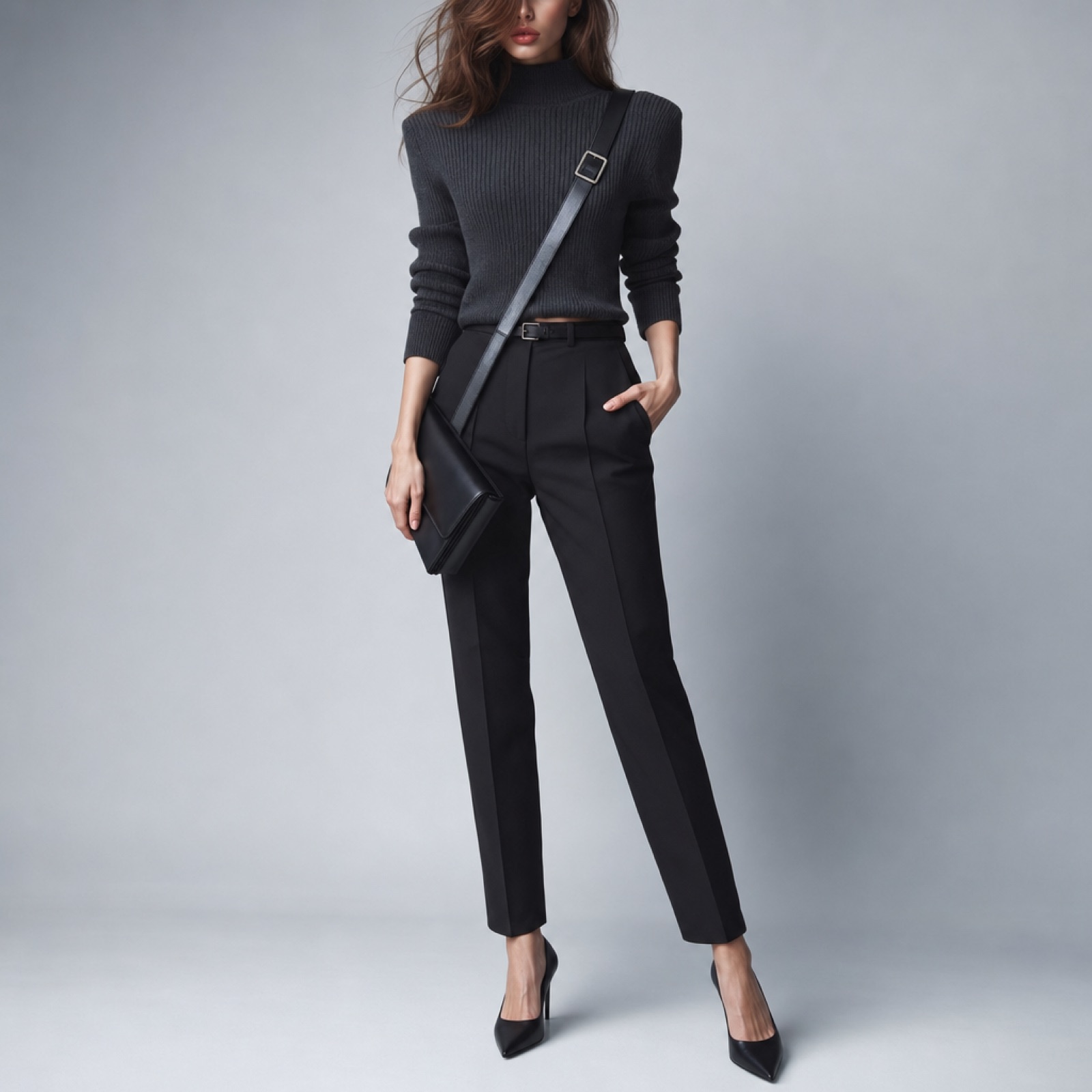 Minimalist studio look in charcoal and black