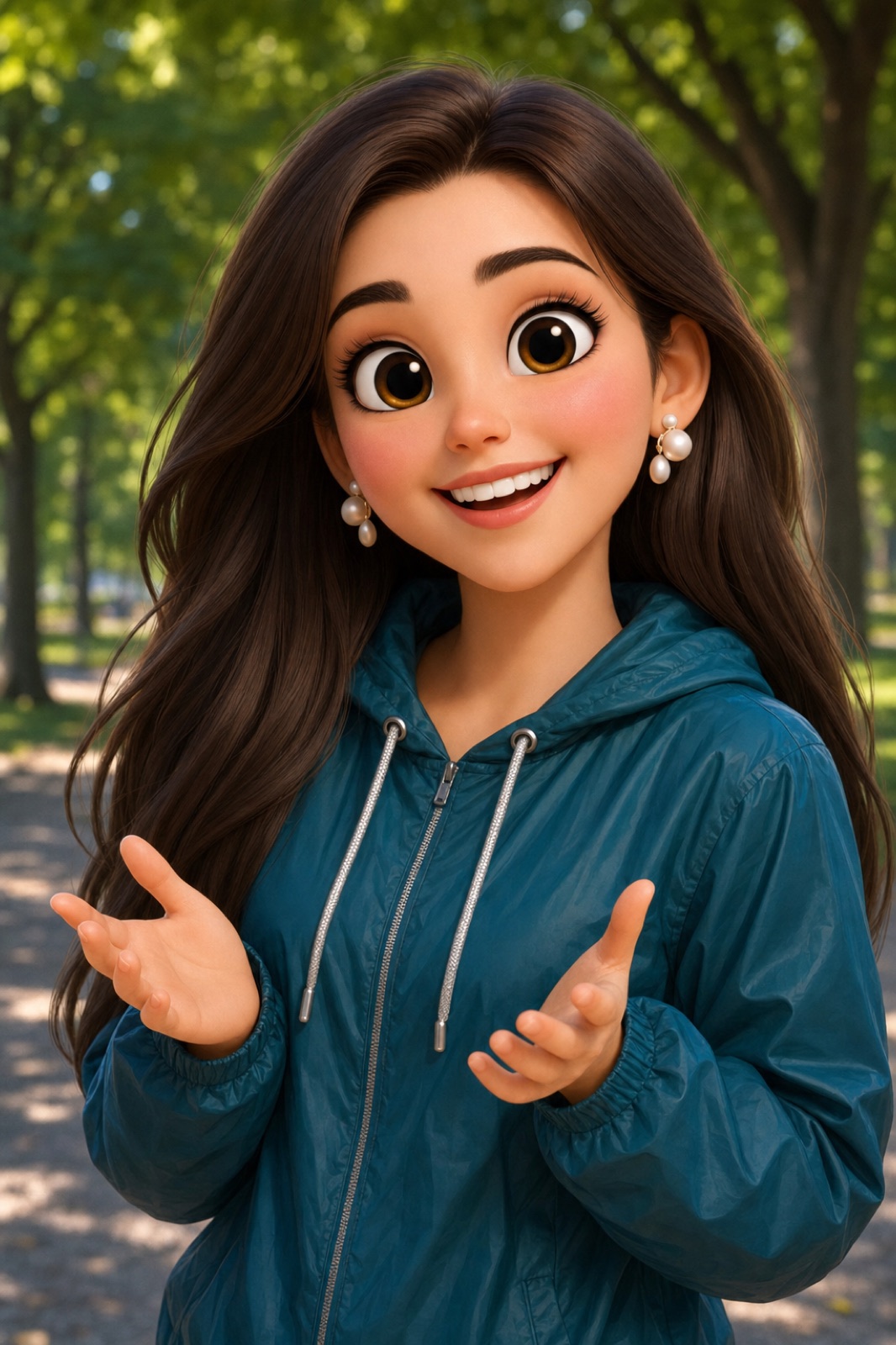 Cheerful 3D Cartoon Woman in Teal Windbreaker