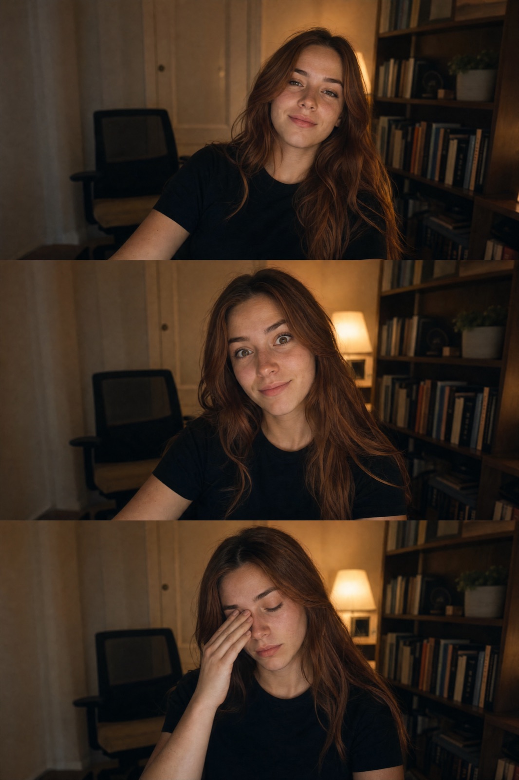 Woman in Three Evening Webcam Frames