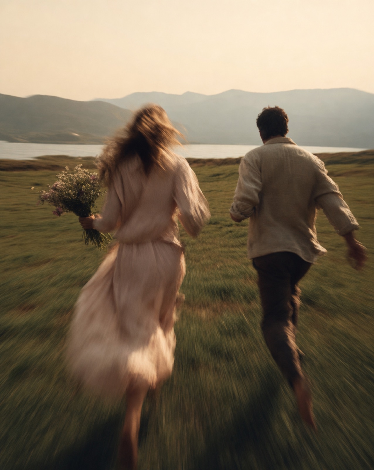 Blush-dress couple sprinting over meadow