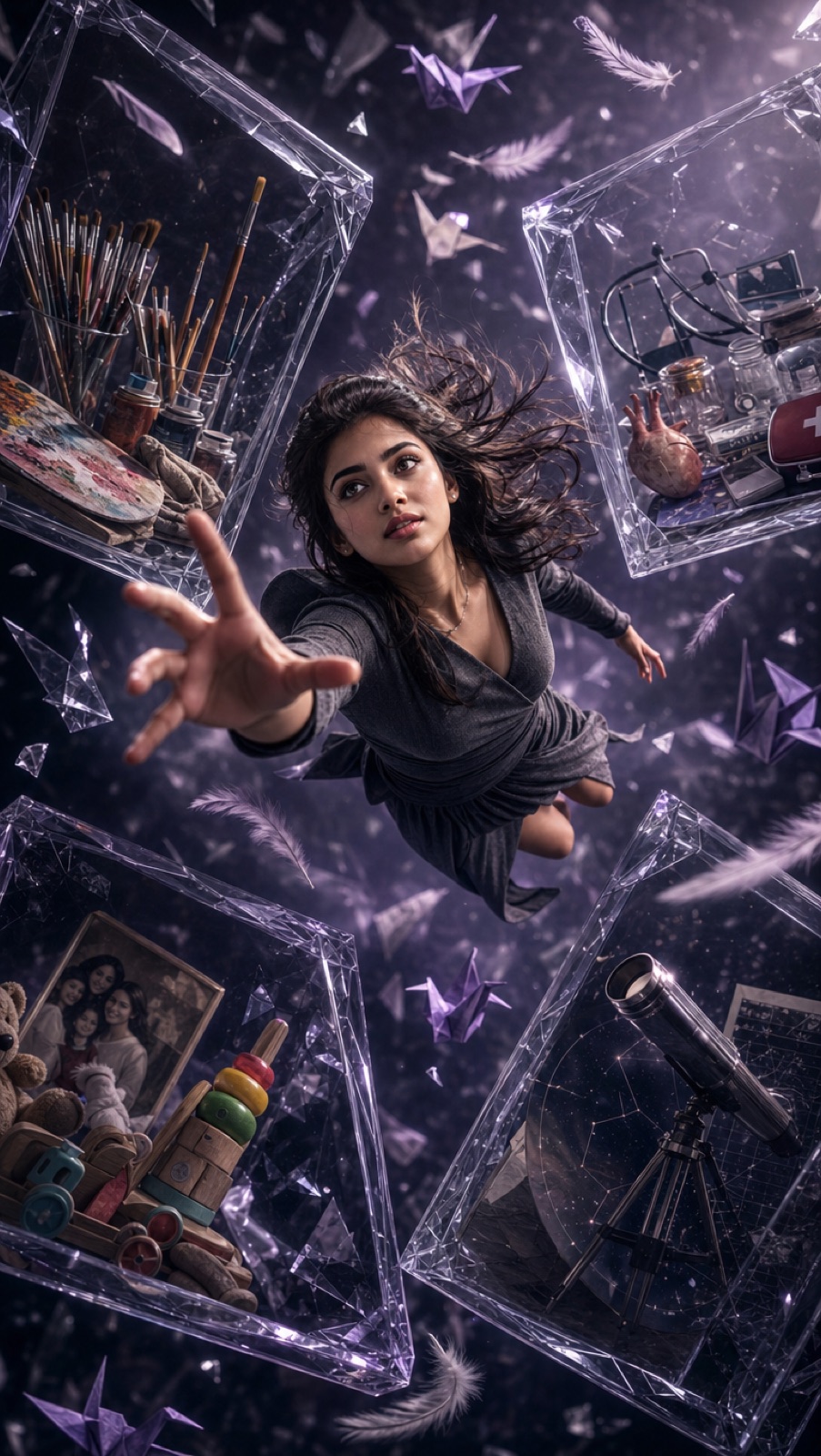 Woman Suspended Among Symbolic Life Path Cubes