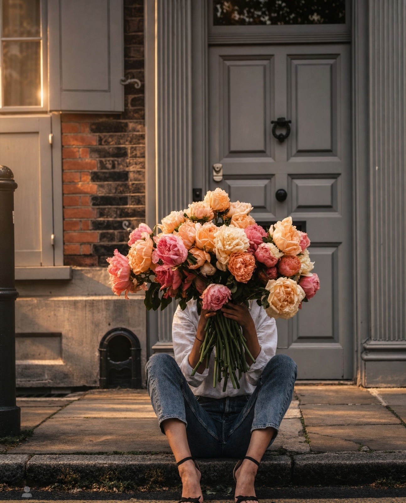 Moody curbside bouquet portrait