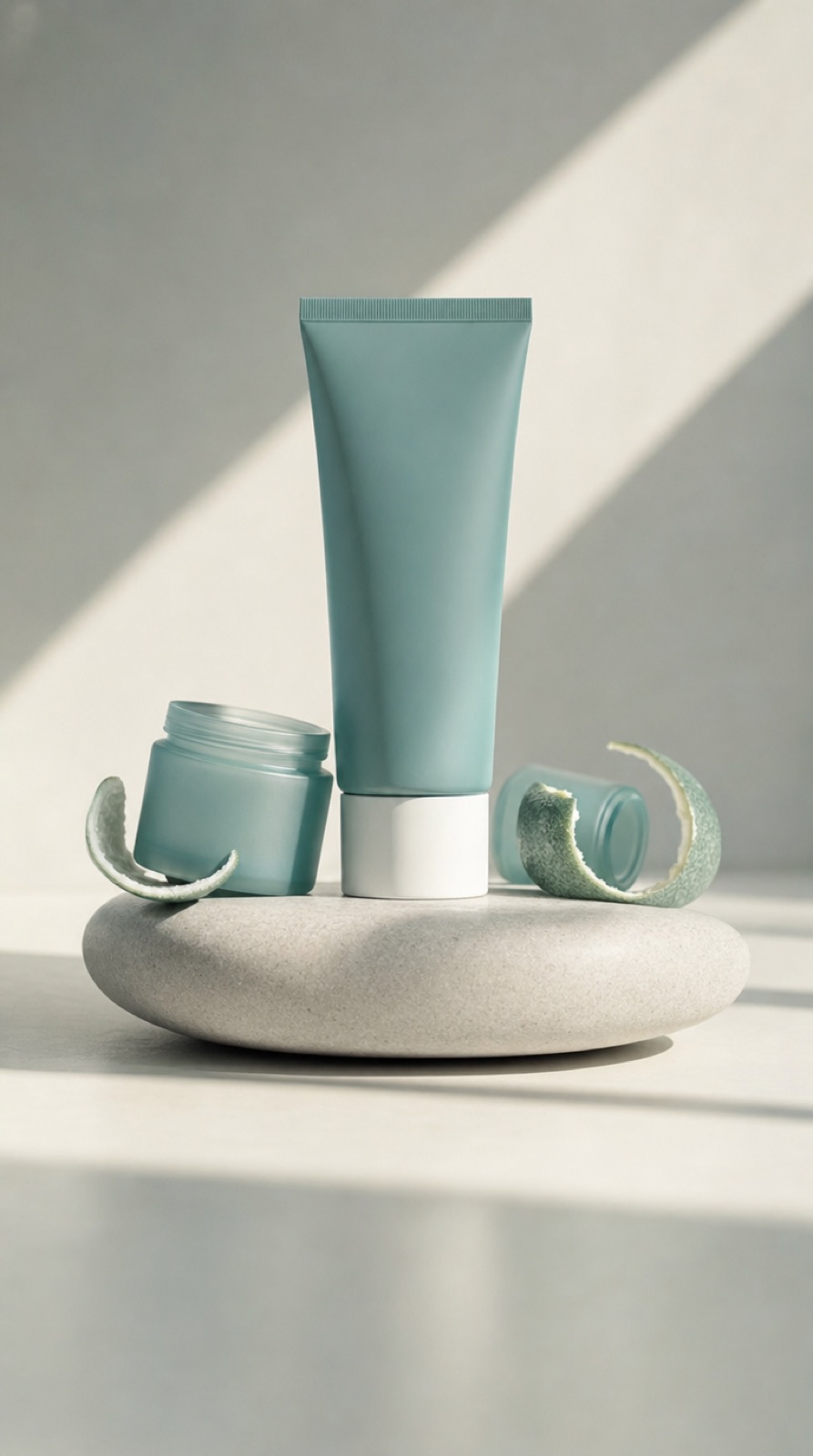 Teal skincare tube on stone pedestal